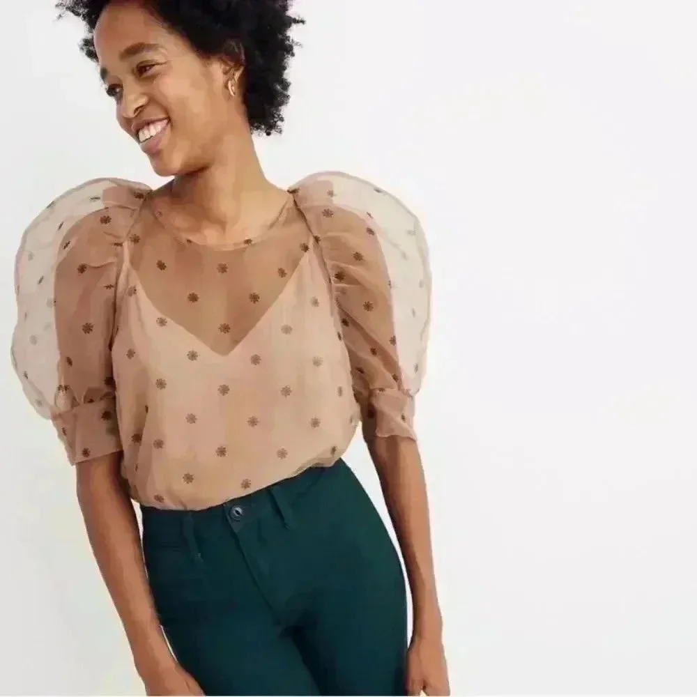 Madewell Baum Und Pferdgarten Maiko Puff-Sleeve Sheer Dot Blouse Small l US 6 - Picture 3 of 7